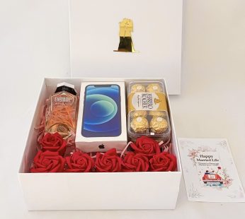 Luxury wedding gift hamper with the Perfume , iPhone 12 and more with blissful greetings!