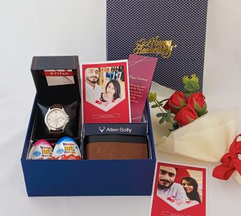 Luxury anniversary gift hamper with a stylish Watch , Wallet and blissful greetings