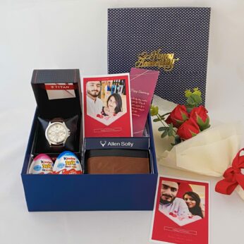 Luxury anniversary gift hamper with a stylish Watch , Wallet and blissful greetings