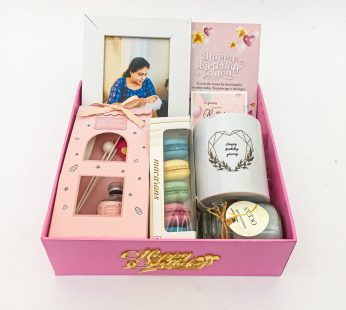 Elegant Birthday gift hamper with frame, macrons and a sweet greetings.