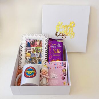 Adorable Birthday gift hamper with frame, mug and a sweet greetings.