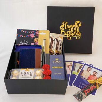 Delightful Birthday gift hamper with lovely Chocolates, Wallet and a sweet greetings.
