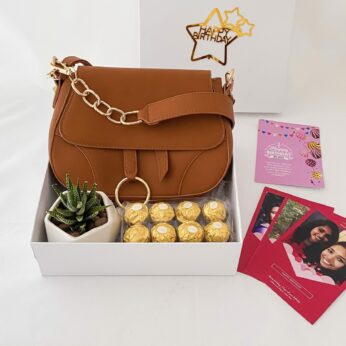 Delightful Birthday gift for girl sister with a handbag, minimal plant, and chocolates
