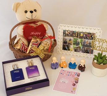 Premium Birthday gift hamper with Perfume, Teddy Bear and a sweet greetings.