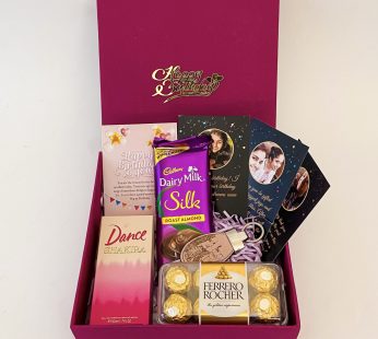 Elegant Birthday gift hamper with Perfume, Chocolates and a sweet greetings.