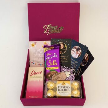 Elegant Birthday gift hamper with Perfume, Chocolates and a sweet greetings.