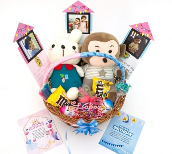 Elegant Birthday gift hamper with lovely soft toys and a sweet greetings.