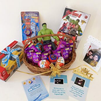 Premium Birthday gift hamper with Chocolates, Avengers Toys and a sweet greetings.