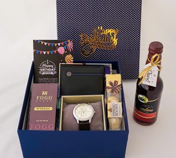 Luxury Birthday gift hamper with lovely perfume, watch and a sweet greetings.