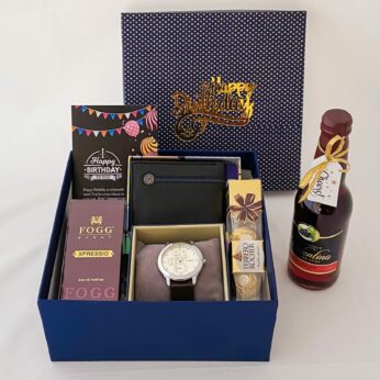 Luxury Birthday gift hamper with lovely perfume, watch and a sweet greetings.
