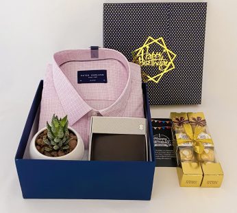 Premium Birthday gift hamper with plant, shirt and a sweet greetings.