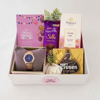 Special Birthday gift hamper with Stylish watch, perfume and a sweet greetings.