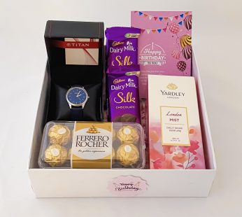 Best gift for sister birthday in India with stylish watch, Chocolate and a sweet greetings.