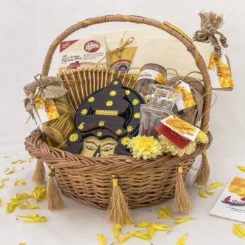 Luxury Onam hamper for her with Kerala saree and banana chips