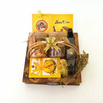 Traditional Onam hamper with banana chips and Kerala spices boat
