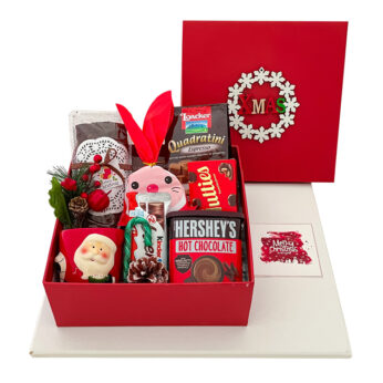 Fabulous holiday gifting ideas in a gift box including Rich Plum holiday cake, Hot Chocolate and more
