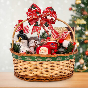 Huge Happy new year gift basket with lots of chocolates, wine, Christmas cake and more
