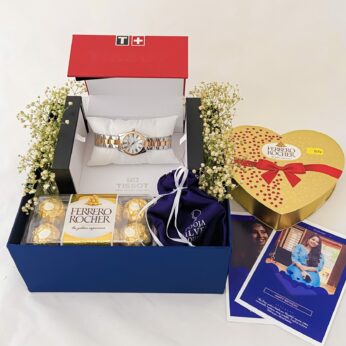 Luxurious gift hamper for her with Tissot ladies watch, Silver ornaments and a sweet greetings