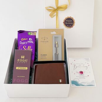 Adorable Birthday gift hamper with Perfume, Wallet and a sweet greetings.