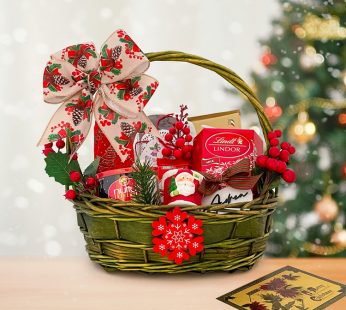 Ancient holiday gift baskets includes many chocolates in a green basket