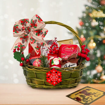 Ancient holiday gift baskets includes many chocolates in a green basket