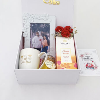 Beautiful wedding gift hamper with the Candle ,Perfume and more with blissful greetings!