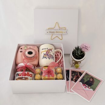Luxury B bday gifts for wife gift hamper with Instax camera, Plant and a sweet greetings.
