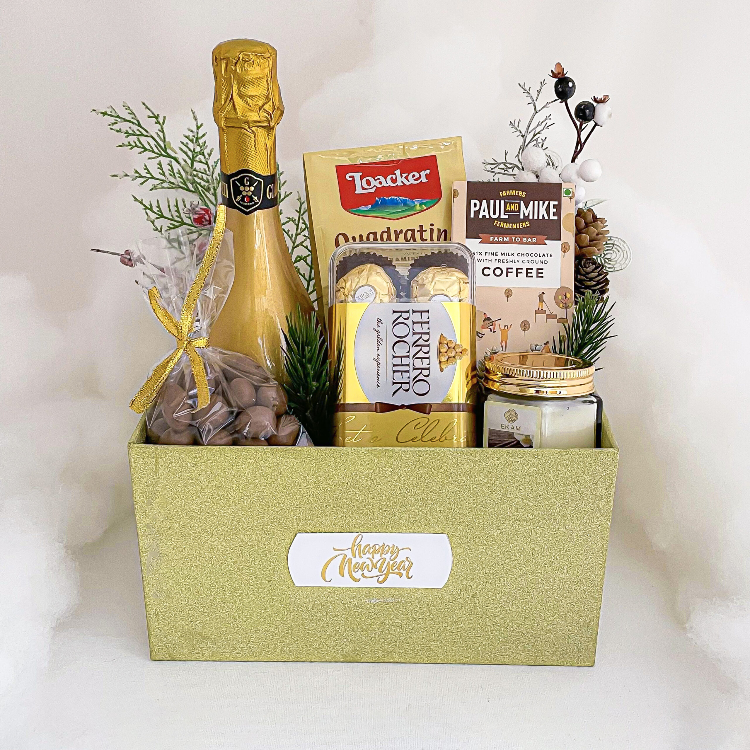 Festive Easter Gift Tray With Premium Chocolates, Chocolate Coated Dry Fruits, Wine And More