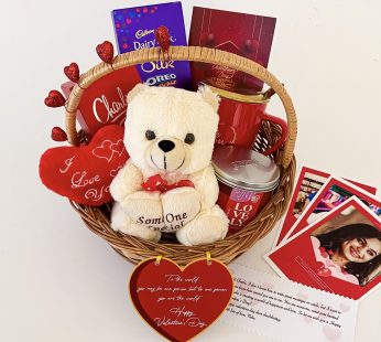 Minimalistic Valentine’s Day Gift Basket Filled with Chocolates, Teddy Bear, Scented Candles, and More