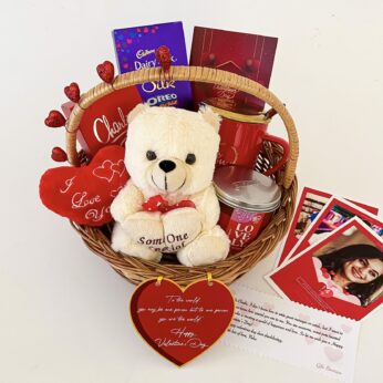 Romantic anniversary gift for wife with teddy, perfume, candle, & greeting cards