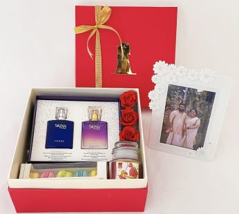 Delightful Anniversary gift for couple Indian, with Perfume, Macrons, Flower Decor And Photo Frames
