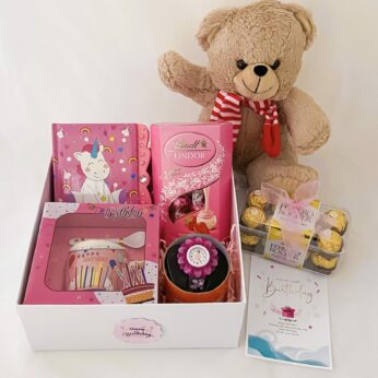 Elegant Birthday gift hamper with Teddy, Chocolates, Watch, Mug, And Cards