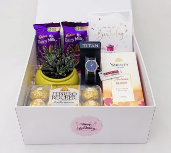 Elegant Anniversary gift box for Girlfriend with Chocolates, Plant pots and more