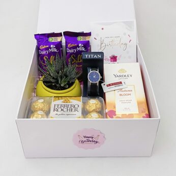 Elegant Anniversary gift box for Girlfriend with Chocolates, Plant pots and more