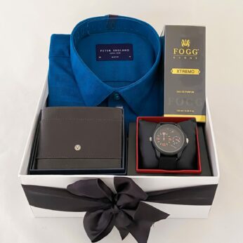 Best happy men’s day gift and wishes for husband with Peter England shirt, Perfume, Watch, Wallet And Cards