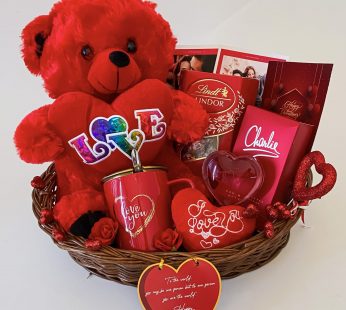 Cherry Red Valentine’s Day Gift Hamper Filled with Chocolates, Teddy, Love Meter, and More