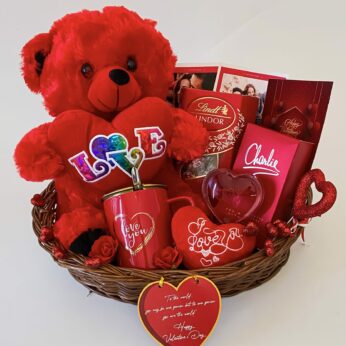 Cherry Red Valentine’s Day Gift Hamper Filled with Chocolates, Teddy, Love Meter, and More