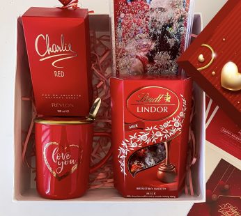 Royal Red Valentine’s Day gift hamper with branded chocolates, authentic perfume, and more