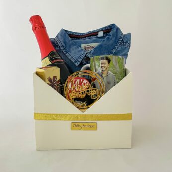 Delightful fathers day gift box with Roadster denim shirt, Customised mug, Chocolates And Cards