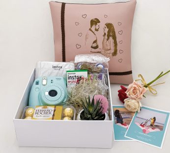 Luxury Birthday gift hamper with Instax mini 9, Plant with light clips, Artificel flowers And Cards