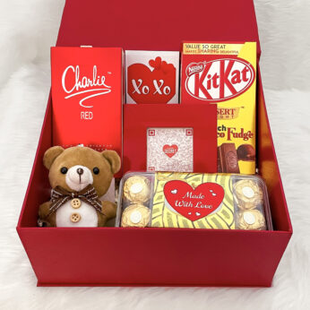 Best gift for girlfriend on valentine’s day with secret message QR code, elegant Chocolates, perfume, teddy keychain, frame