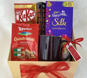 best valentine’s gift box of special chocolates, wafers, and bespoke magic mug