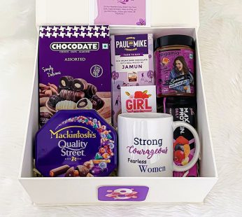 Mauve Delight womens day gift hampers With Chocolate Cuisines And Personalized Magic Mug