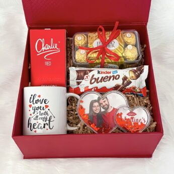 Sassy Valentine’s Day gift box with premium chocolates, coffee mug, perfume and photo frames