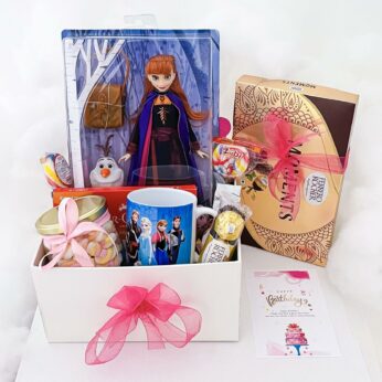 Cute happy children’s day for girls or kid girl india with Frozen theme doll, candy’s , Mug chocolates, marshmallow bottle and greeting cards