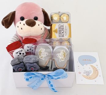 Unique Baby gifts Basket filled with Soft toy | Ferrero Rocher | Baby shoes | Baby socks Greeting card