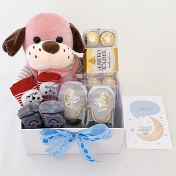Unique Baby gifts Basket filled with Soft toy | Ferrero Rocher | Baby shoes | Baby socks Greeting card