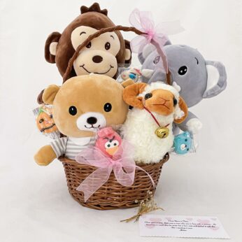 cute 1st anniversary gift for wife with animal soft toys and sweets