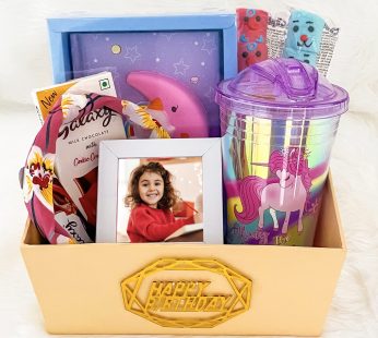 Emerging children’s day hampers with with Unicorn diary Water sipper bottle Marshmallow candy x2Chocolates, Hair band Photo frame and Greeting card