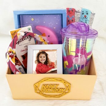 Birthday gift for kid girl with Unicorn diary | Water sipper bottle | Marshmallow candy x2 | Chocolates | Hair band Photo frame 3×3 inches and Greeting card